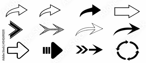 Black silhouette collection of various arrow designs pointing in different directions with diverse styles and orientations
