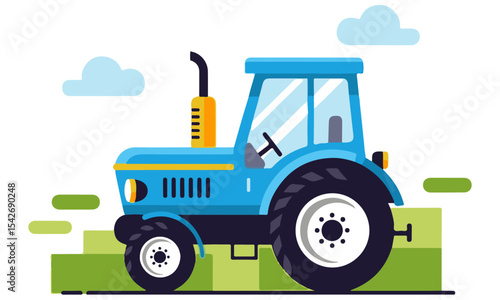 flat-style illustration of a blue farm tractor with yellow accents, driving across a green field with lighter green stripes, under a bright sky with fluffy white clouds.