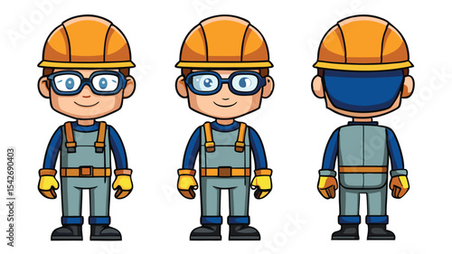 Technician worker icon wearing helmet overall uniform vector icon set character  illustration