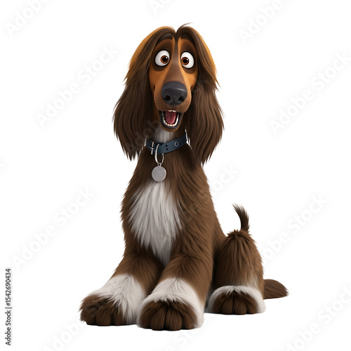 Animated Afghan Hound dog with brown and white fur, wearing a blue collar, sitting against a white background.