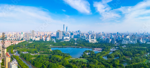 Panoramic Aerial view of Shanghai Century Park and apartment buildings on sunny day