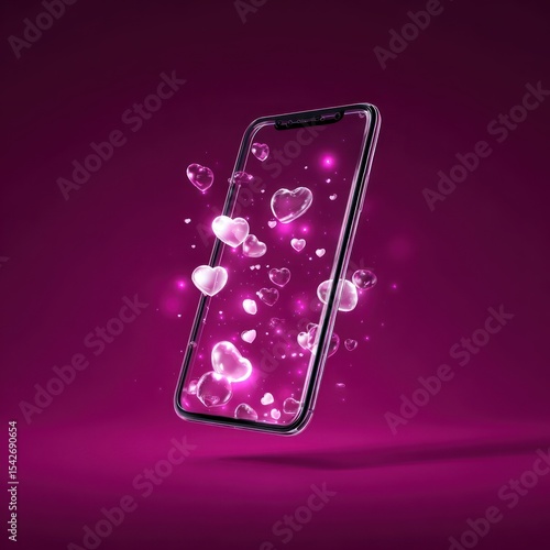 Floating phone, hearts, light, pink