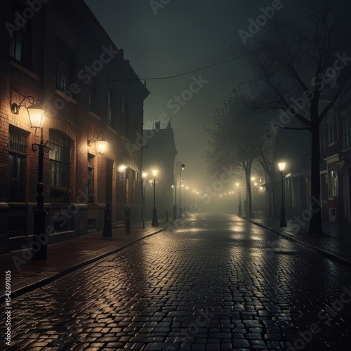 Mysterious Foggy Night on Cobblestone Street with Antique Lamps