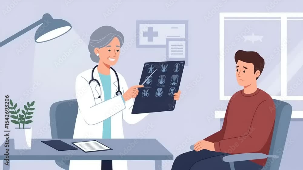 Doctor showing X-ray images to a patient in a medical office with a calm atmosphere and plants Doctor showing X-ray images to a patient in a medical office with a calm atmosphere and plants