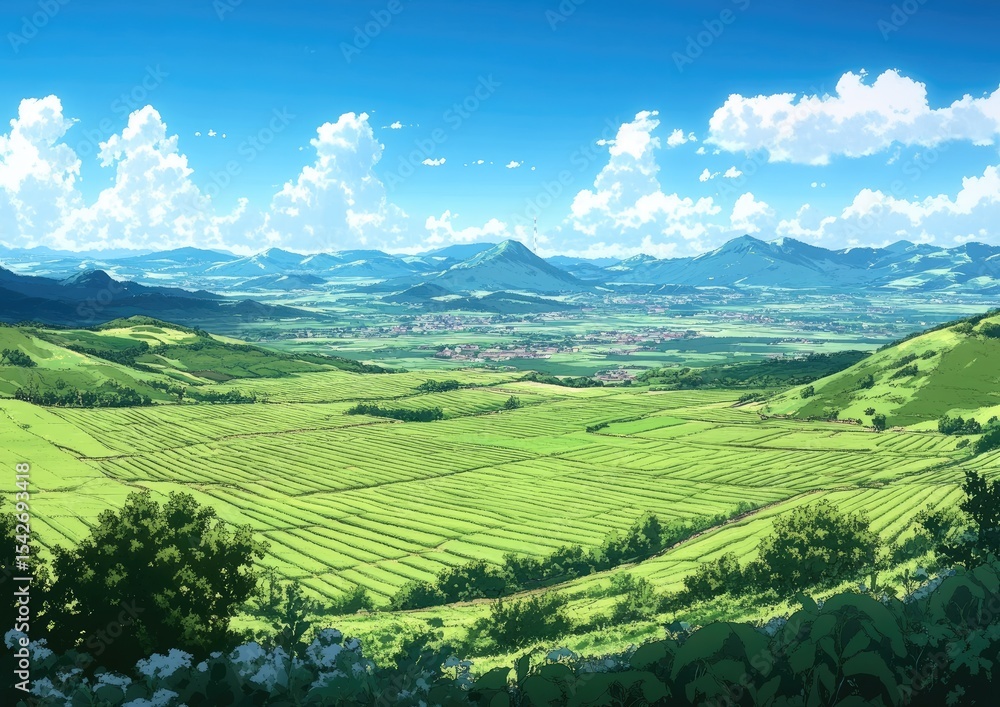 Lush green fields, rolling hills, and mountains under a vibrant blue sky Lush green fields, rolling hills, and mountains under a vibrant blue sky