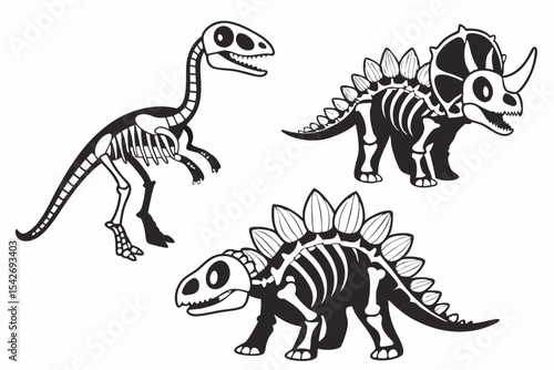 Dinosaur Skeletons Cartoon Illustration of Triceratops Stegosaurus and Velociraptor