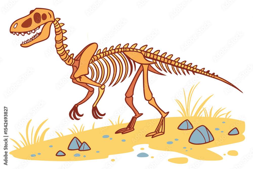 Fototapeta premium Cartoon Dinosaur Skeleton Illustration on a Pale Yellow Ground with Rocks