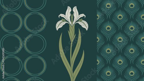 Vintage floral patterns backgrounds seamless design flower circles peacock feathers art deco style wallpaper editable stock vector illustration