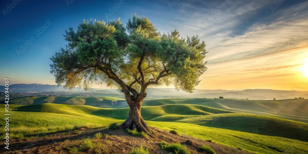 Fototapeta premium Serene Sunrise Over Rolling Hills and a Majestic Solitary Tree