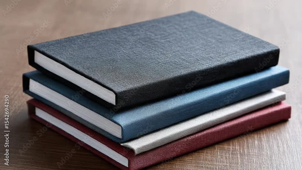 Stacked notebooks on a wooden surface, organized neatly Stacked notebooks on a wooden surface, organized neatly