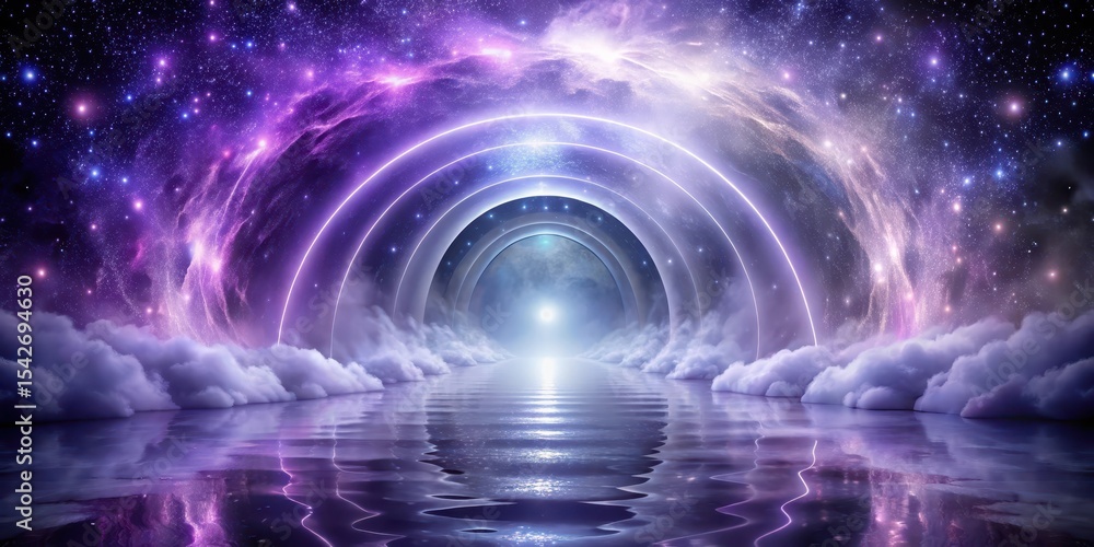 Fototapeta premium A Celestial Gateway Beckons Through a Dreamlike Nebula, Reflected in a Calm, Otherworldly Sea