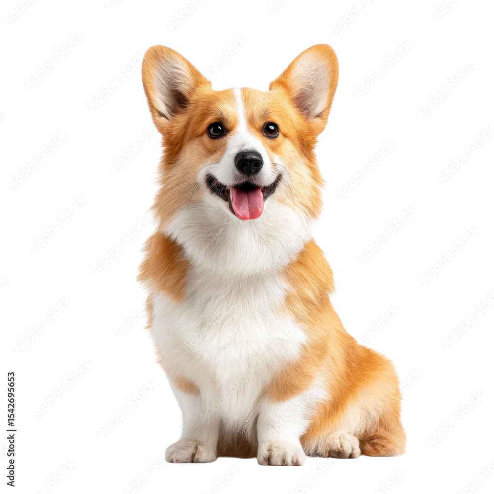 A cheerful corgi sitting gracefully against a plain white background. showcasing its fluffy coat and bright expression. ideal for pet-related content and cheerful imagery A cheerful corgi sitting gracefully against a plain white background. showcasing its fluffy coat and bright expression. ideal for pet-related content and cheerful imagery