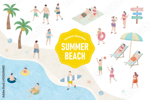 夏の海のビーチで遊ぶ人々のアイソメトリックイラスト