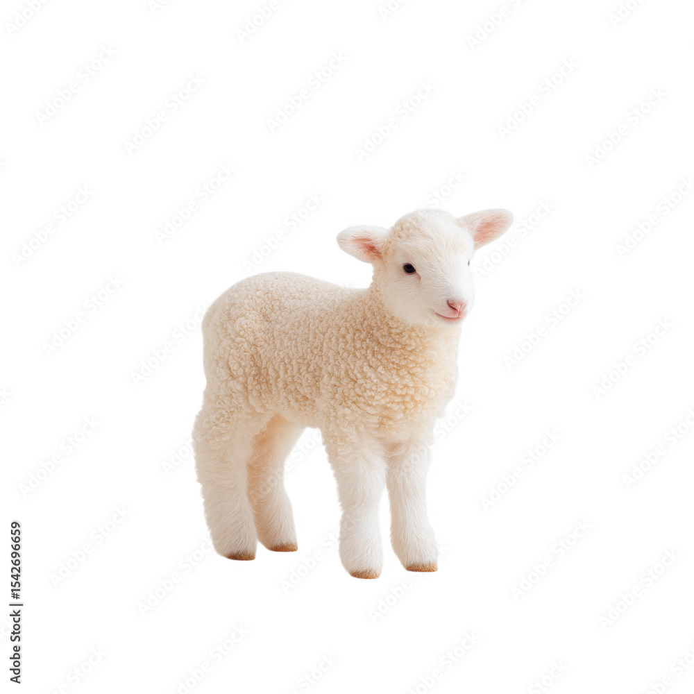 Fototapeta premium A cute. fluffy lamb stands gracefully on a clean. white background. showcasing its soft wool and innocent expression. ideal for animal-themed projects or educational materials