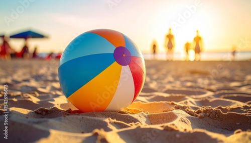 A colorful beach ball rests on sand with blurred figures and sunset.