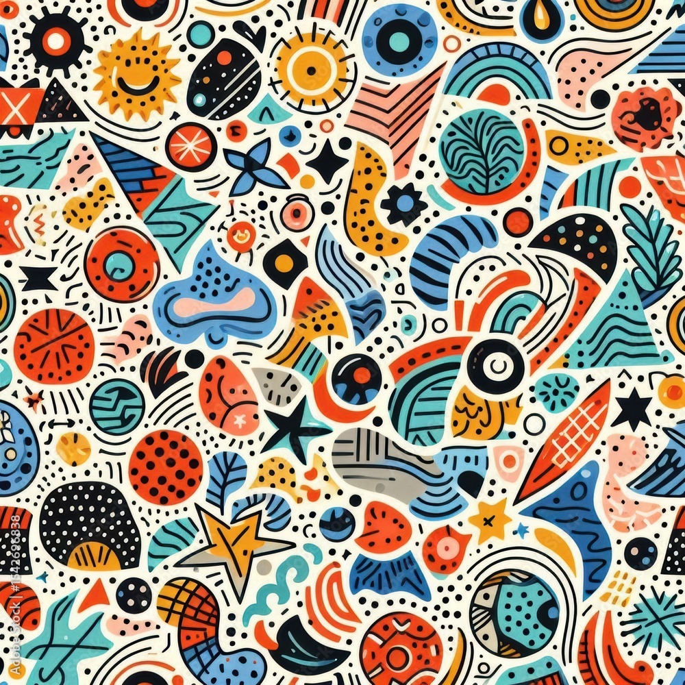 Naklejka premium Vibrant Abstract Doodle Pattern Colorful Geometric Organic Shapes Seamless Texture