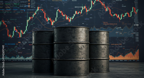 Oil Price Volatility: Crude oil barrels sit before a fluctuating stock market graph, symbolizing the instability and uncertainty of the global energy market.