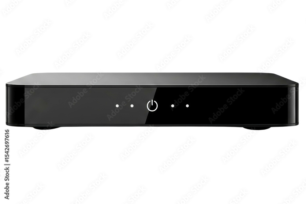 Sleek black set-top box with an illuminated power button isolated on a transparent background Sleek black set-top box with an illuminated power button isolated on a transparent background
