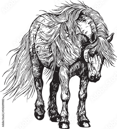 Sad horse vector illustration with long flowing hair, emotional cartoon animal design, expressive face, perfect for children’s books, story art, emotional scenes, educational and creative projects.