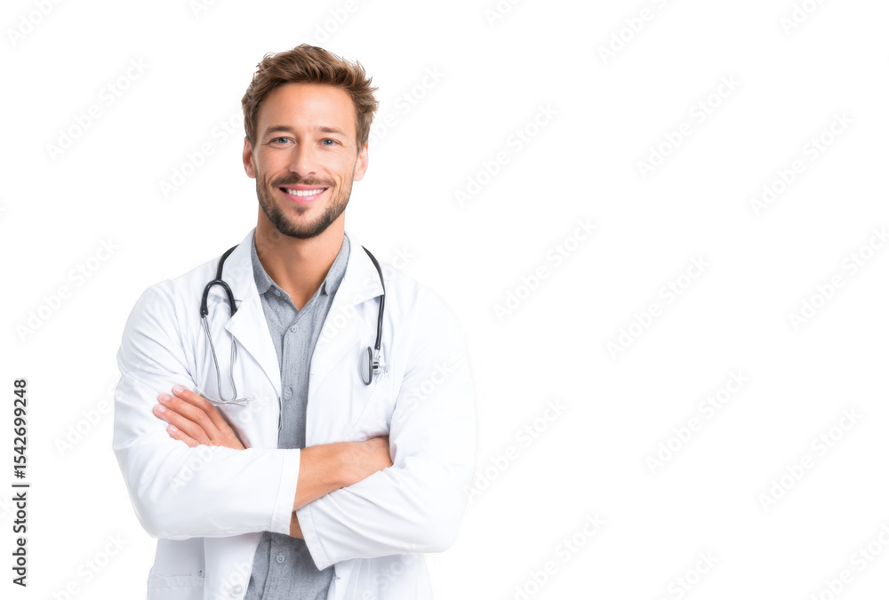 A confident male doctor in a white lab coat stands with arms crossed. smiling warmly at the camera. set against a clean. white background. ideal for healthcare and medical-related themes A confident male doctor in a white lab coat stands with arms crossed. smiling warmly at the camera. set against a clean. white background. ideal for healthcare and medical-related themes