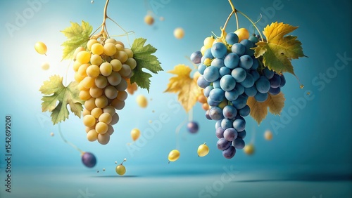 A vibrant image showcasing two bunches of grapes, one golden yellow and the other deep blue, suspended against a serene blue backdrop with floating grapes adding to the dynamic composition.