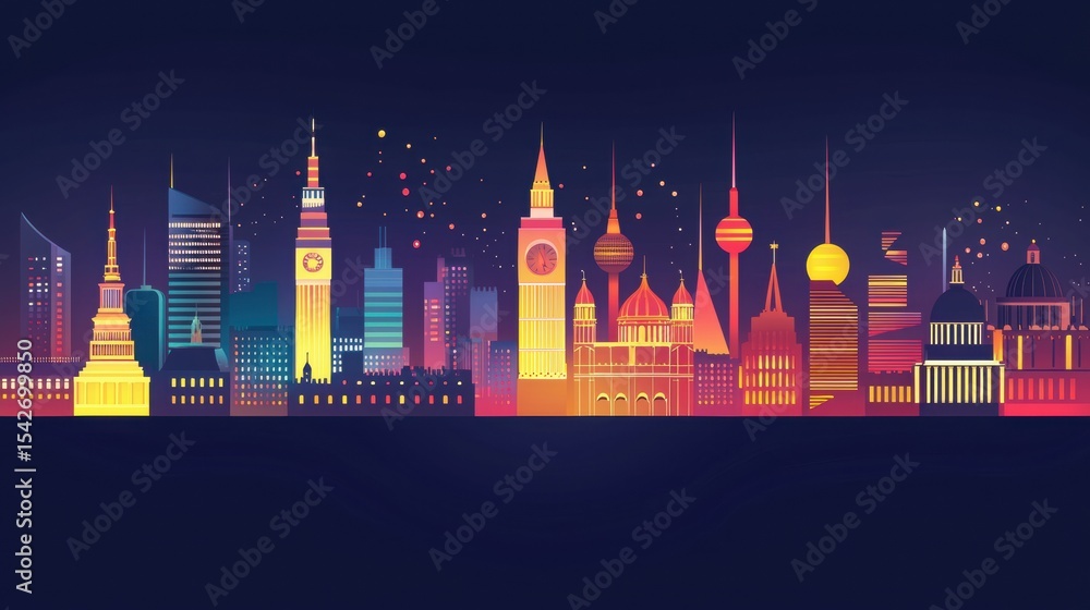 Fototapeta premium Dynamic Silhouette Skyline of Multiple European Cities in High Fidelity