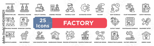 Factory icon collection set. Containing production line,industrial machine,quality control,assembly process,material flow,automated system,factory layout,shift schedule icon. Simple line vector.