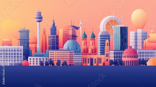 Vibrant and Dynamic Composition of European Skyline at Sunset with Modern Design