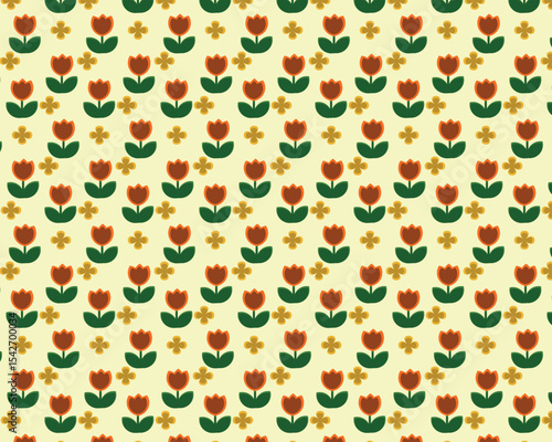 Seamless Pattern with Orange Tulips and Clover Flowers