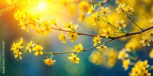 Golden Sunlight Illuminates Delicate Yellow Blossoms on a Branch, a Vibrant Springtime Scene of Nature's Beauty