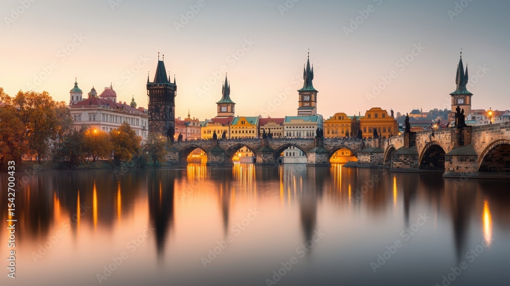 Historic Charles Bridge in Prague with Reflections at Dawn's Golden Hour Historic Charles Bridge in Prague with Reflections at Dawn's Golden Hour