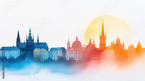 Watercolor Painting of Sunset Over Prague Castle in High Fidelity Quality