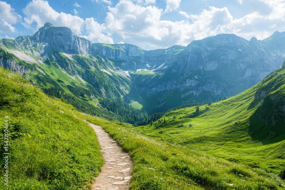 A winding path through lush mountain meadows. A winding path through lush mountain meadows.