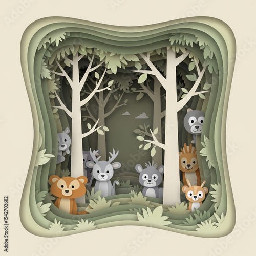 Paper cut jungle animals hiding in layered trees