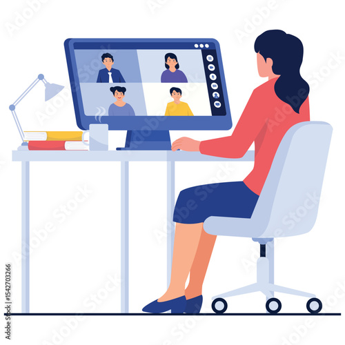 Online Video Conference Illustation. Vector illustration of A woman attending a virtual meeting from her desk using a desktop computer. Isolated on background
