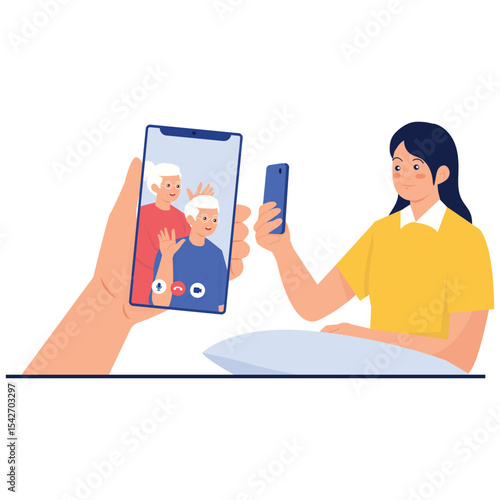 Online Video Conference Illustation. Vector illustration of A woman having a video call with elderly family members using a mobile phone. Isolated on background