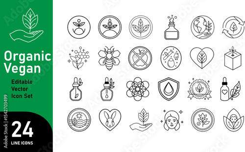 Eco Organic Vegan Icons Elegant Line Art Vector Design Set