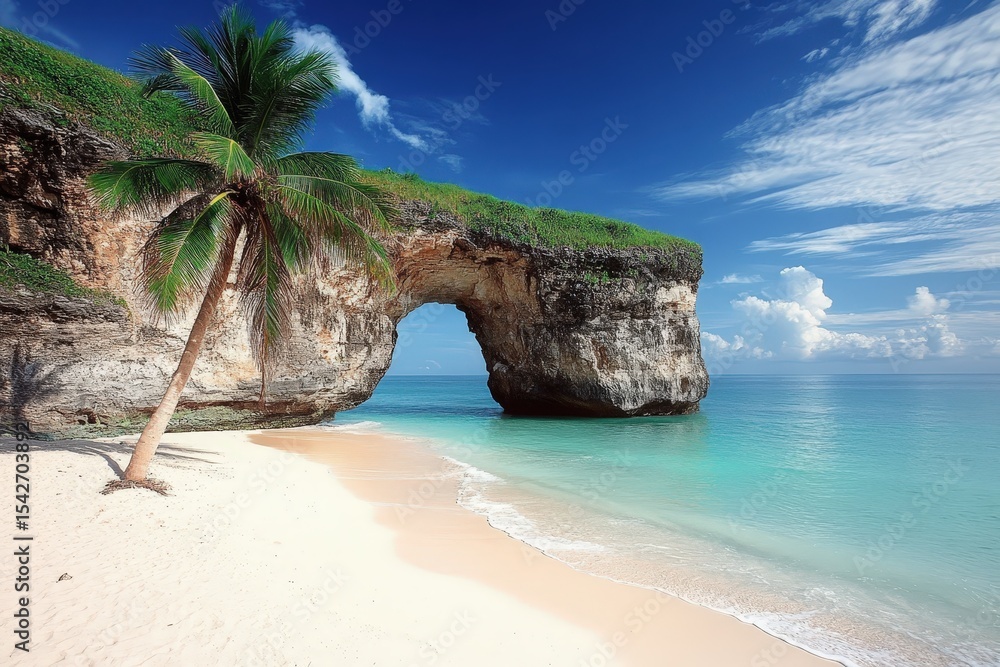 Fototapeta premium Tranquil beach scene with arching rock formation.