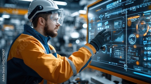 A worker in protective gear inspects a factory machine, with digital feedback systems showing real-time performance and maintenance needs.