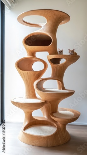 Ornate wooden cat tree with intricate design.