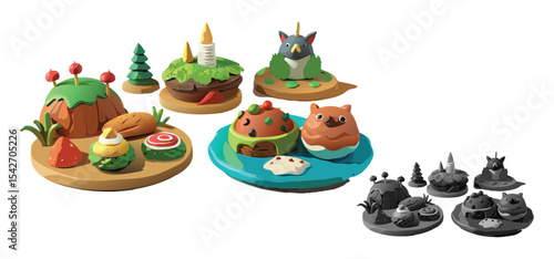 Whimsical cartoon illustrations of decorative food arrangements with unique creatures and miniature landscapes on wooden plates.