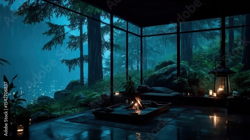 A modern, minimalist home with rainforest views, bathed in soft light