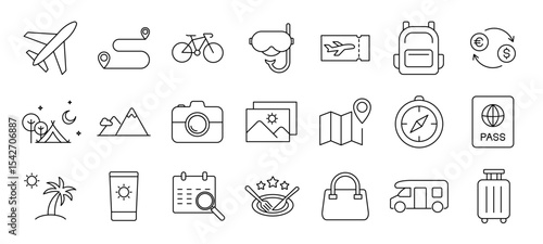 Travel icon set. Holiday related line icons: tourism, Summer vacation, airplane, beach, luggage, camping, Passport Editable stroke. Vector illustration. 