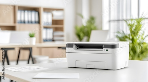 A secure print solution in an office, showing documents being released only after user authentication at the printer, emphasizing output security and confidential printing.