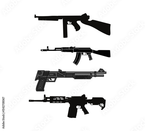 Weapons Silhouette Vector Set – Realistic Firearms Collection of Rifles, Guns, and Military Arms