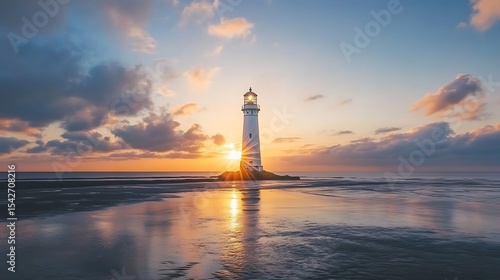 Coastal Beacon White Lighthouse Radiating Sunset Rays on Reflective Tide Flats Under Cloudy Sky