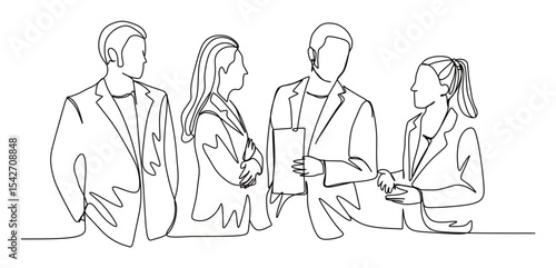 continuous single line art of a group of office workers discussing turnover and planning to increase the graph
