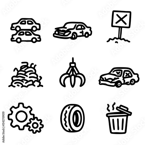 A set of doodle line icons showing car junkyards, scrapped vehicles, old tires, mechanical waste, and auto recycling elements