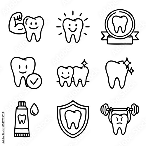 A set of doodle line icons representing dental care, clean and strong teeth, toothpaste, protection, and oral hygiene habits