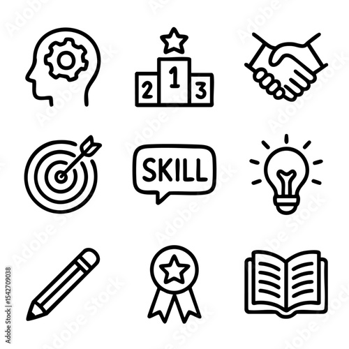 A set of doodle line icons illustrating skill development, education, creativity, goal setting, and personal achievement elements